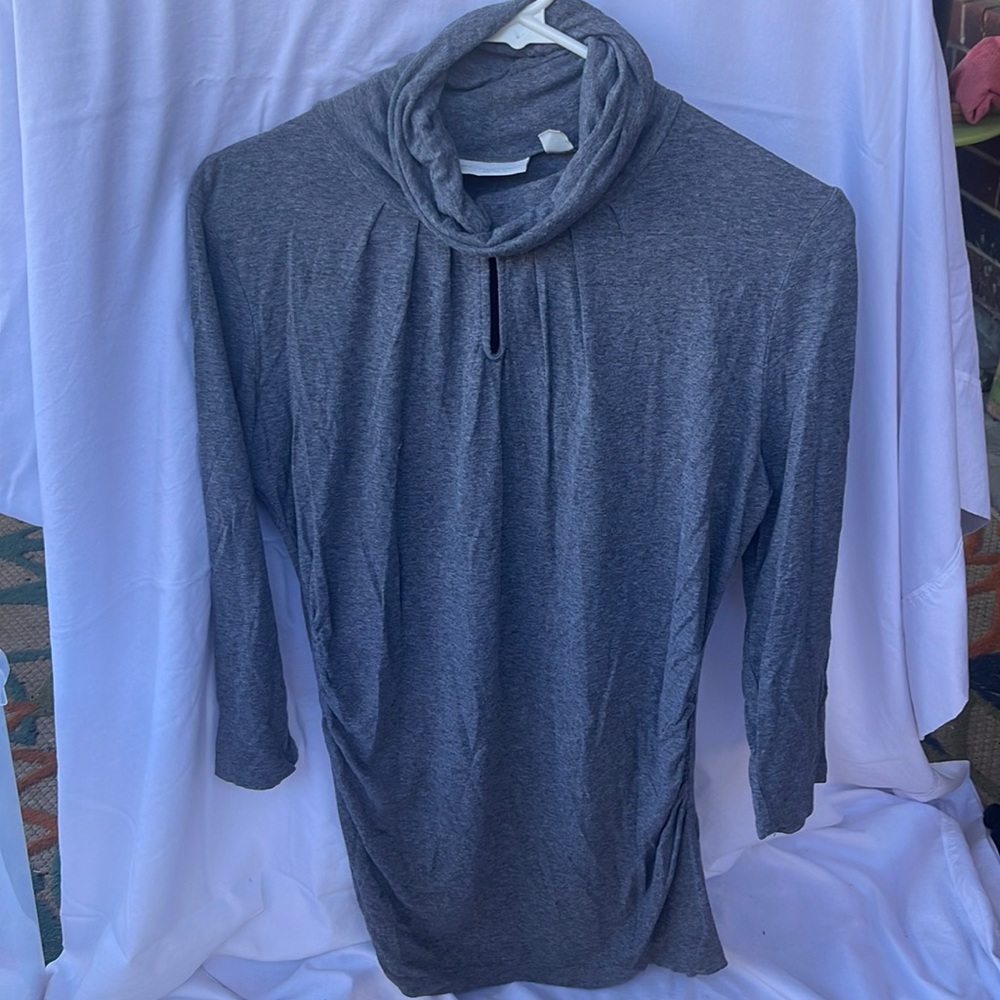 Ruched, cowl, neck, keyhole, gray three-quarter sleeve size medium stretch